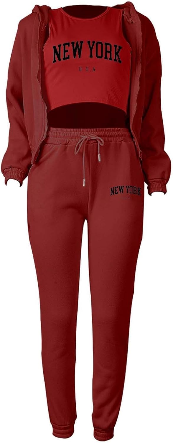 3Pc Fleece Sweatsuit for Women Zipper College Sports Hoodies and Sweatpants Set Cinch Bottom Drawstring Tracksuit