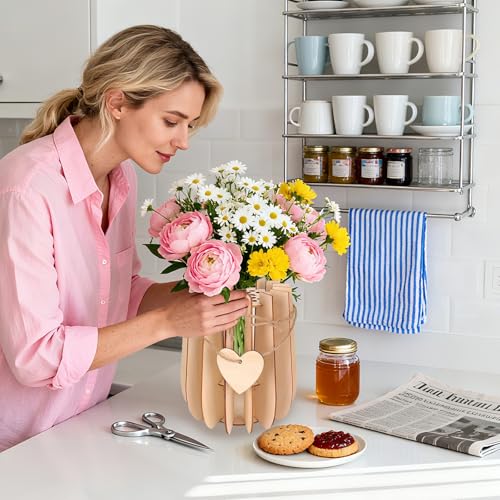 Image of Wooden Vase Compatible for Lego Flowers Bouquet, 3D Wooden Puzzle Vase with Lego Botanicals, Roses, Sunflowers, Tulips, Cherry Blossoms, Daffodils, Lotus