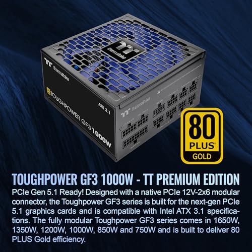 Image of Thermaltake Toughpower GF3 1000W, True 600W 12VHPWR Connectors on PSU & NVIDIA RTX 40 series, ATX 3.0 /PCI-E 5.0 Ready, 80+ Gold, SLI /Crossfire Ready Power Supply, PS-TPD-1000FNFAGU-4, 10 Year Warranty