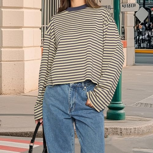 Striped Long Sleeve Shirt Women Y2k Oversized Crewneck Vintage Tops Fall Winter Drop Shoulder Cute Preppy Pullover3