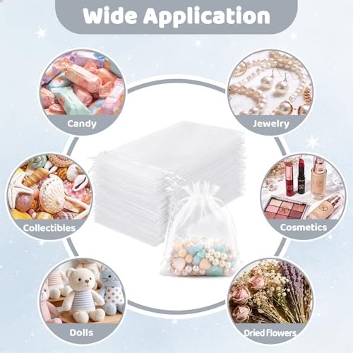 Image of FUNFERY 100 Pcs White Organza Bags 3x4 in, Small Mesh Drawstring Gift Bags for Sachet, Jewelry, Wedding Favor, Candy Goodie Treat Bag,Easter Day