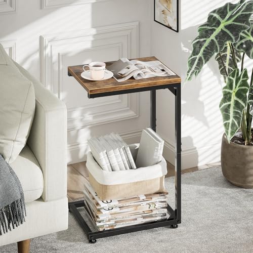 Image of Simple Trending C Shaped End Table, TV Tray for Couch, Small Side Table with Metal Frame, for Living Room Bedroom, Rustic Brown