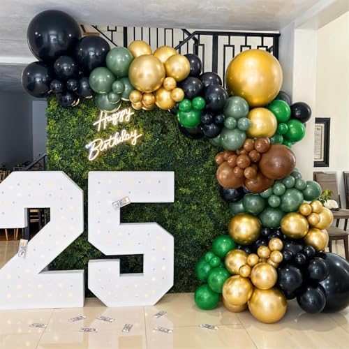 Image of Green and Brown Balloon, 60Pcs 12Inch Dark Green Black Metallic Gold Latex Balloon, Metallic Avocado Tan Chrome Gold Balloons for Camo Camping Game Army Jungle Safari Theme Birthday Party Decor