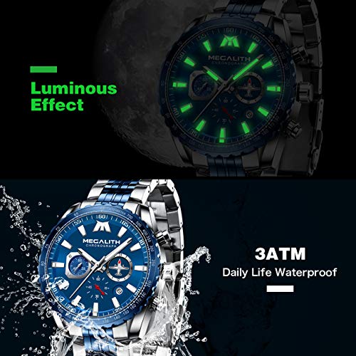 Image of MEGALITH Wrist Watches for Man Analog: Classic Waterproof Two Tone Stainless Steel Chronograph Dial Quartz Date Luminous Hands Mens Casual Watches