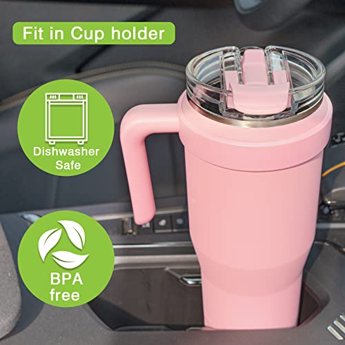 Zukro 50 Oz Mug Tumbler With Handle And Flip Straw, Leakproof Vacuum Insulated Stainless Steel Cup Water Bottle With 2-In-1 Lid,Large Travel Mug, Fit In Cup Holder, Keeps Cold For 30 Hours, Pink #TOP4