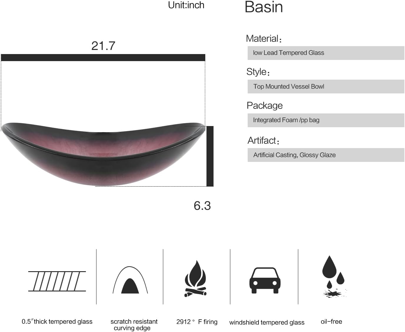 Bathroom Boat Shape Artistic Glass Vessel Sink Free Oil Rubbed Bronze Faucet and Pop-up Drain Set, Pink