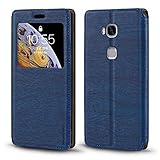 Shantime Huawei Honor 5X Case, Wood Grain Leather Case with Card Holder and Window, Magnetic Flip Cover for Huawei GR 5 Blue