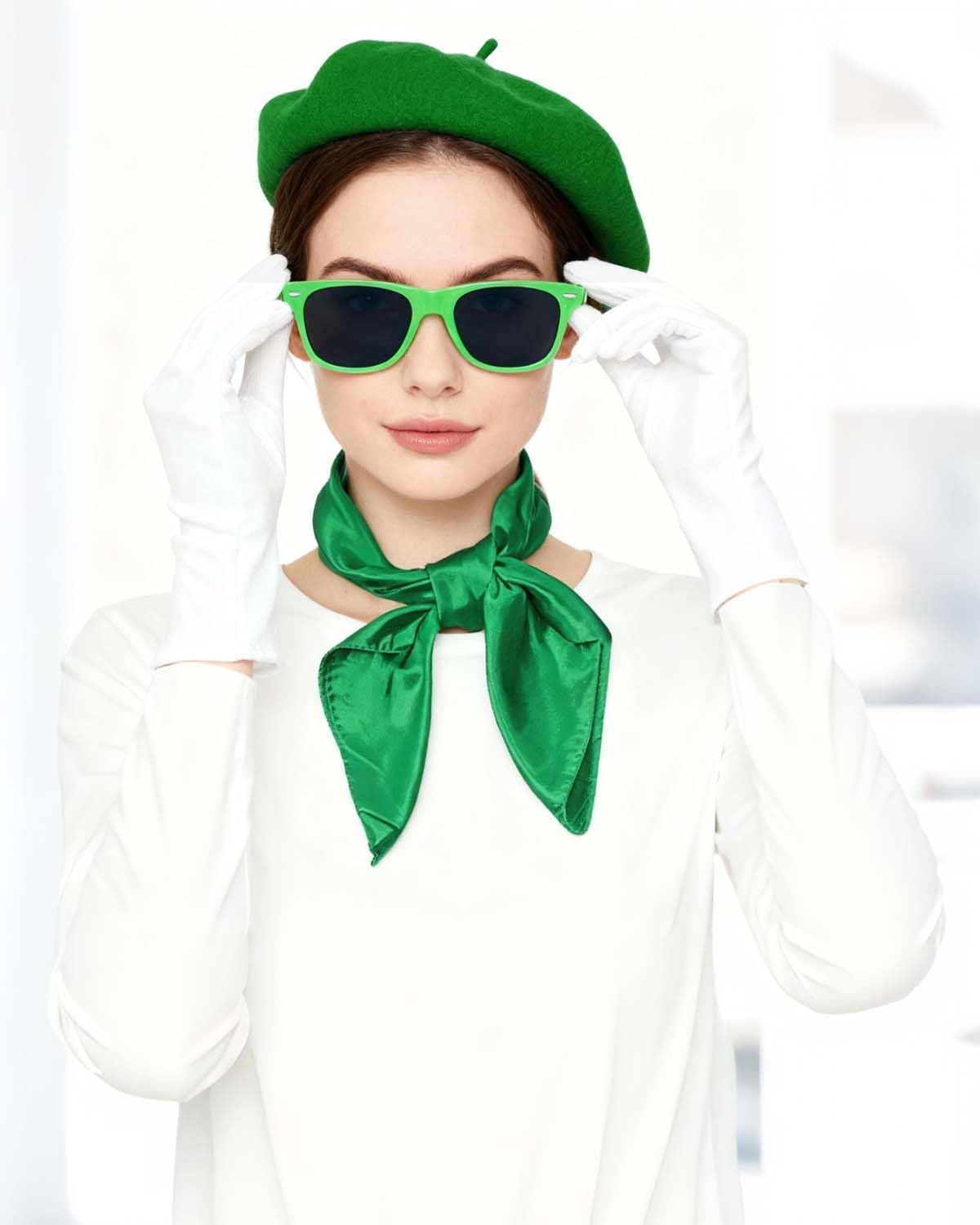 French Beret Hat Set,4 Pcs Solid Color Wool Beanie Hat with Chiffon Scarf Gloves Retro Sunglasses for Fancy Dress Costume - Image 6