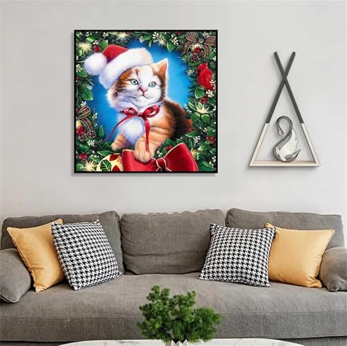 Broderie Diamant Kit Complet avec strass ronds pour peinture diamant 5D adulte chat de Noël