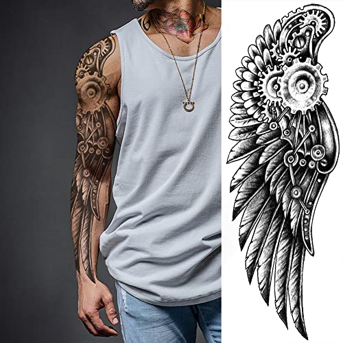 Oottati 4 Sheets Extra Large Full Arm Temporary Tattoo Stickers, 3D Mechanical Wing Owl Flower Compass Eye Of Horus Wolf Skull Snake For Men #TOP3