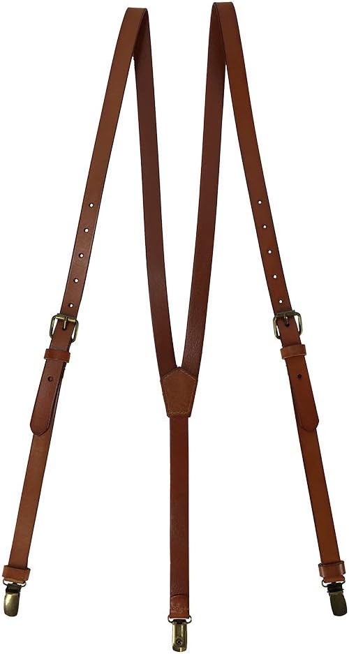 Mens Genuine Leather Suspender 0.7inch Wide Y Back Adjustable Metal Clip 3 Snap Hooks for Wedding Formal Even