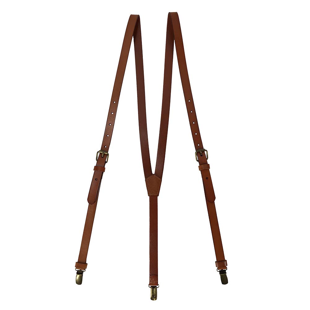 Lawevan Mens Genuine Leather Suspender 0.7inch Wide Y Back Adjustable Metal Clip 3 Snap Hooks for Wedding Formal Even