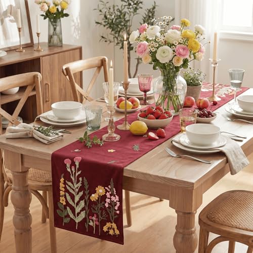 Artoid Mode Red Soft Chain Embroidery Wild Floral Christmas Table Runner, Seasonal Spring Kitchen Dining Table Decoration for Home Party Decor 13x72 Inch by Artoid Mode - Used condition - Image 5