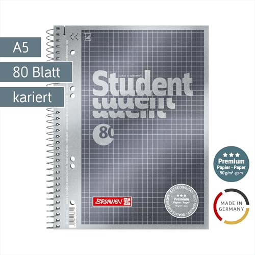 BRUNNEN Collegeblock Premium Student | A5, Lineatur 5, 80 Blatt, anthrazit