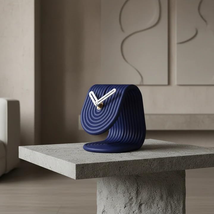 Image of CORAL TREE Modern Loop Table Clock | Blue Ribbed Desk Clock | Decorative Clock for Home & Office