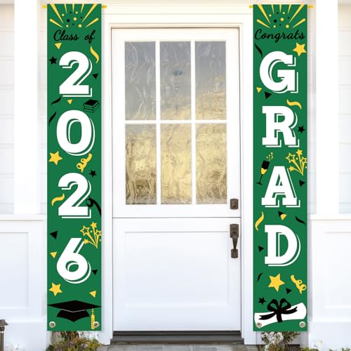 Image of Graduation Porch Banner Class Sign Congrats Grad Hanging Flags High School College University Party Decoration For Front Door Outdoor Green White