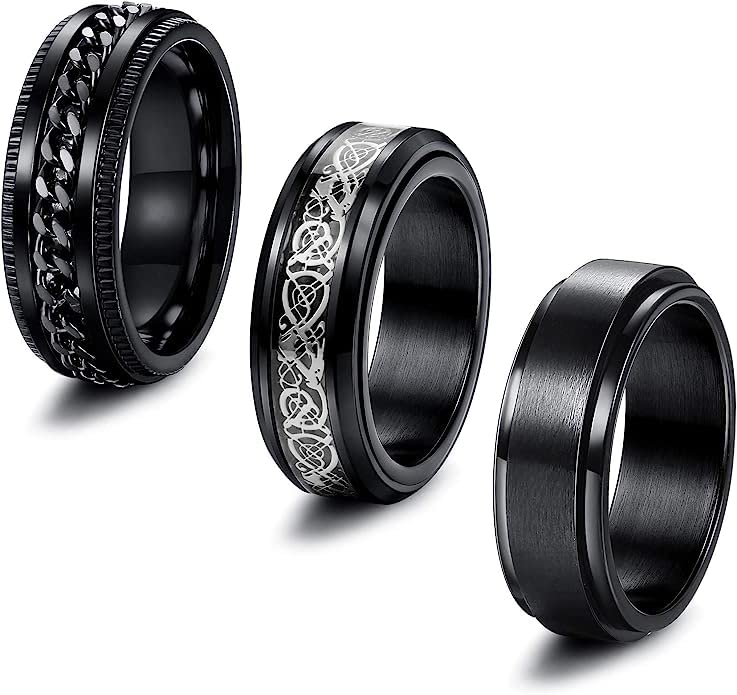 See full amazon price history chart for VIEN 3Pcs Black Stainless Steel Fidget Spinner Rings Set for Men Women Cool Wedding Bands Rings 8MM Wide Celtic Dragon Pattern Beveled Edges Ring (19) VIEN 3Pcs Black Stainless Steel Fidget Spinner Rings Set for Men Women Cool Wedding Bands Rings 8MM Wide Celtic Dragon Pattern Beveled Edges Ring (19) (B0BZS6DMC8) Amazon Price History, Amazon Price Tracker