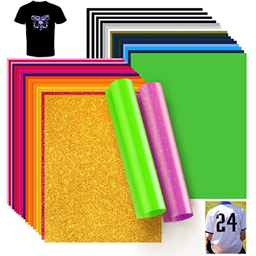 39PCS Feuilles Vinyle de transfert de chaleur,25 couleurs Vinyle Thermocollant Feuilles HTV 30.5*25CM DIY en Vinyle Papier Transfert Textile de Vinyle loisirs ​créatifs,T-shirts Cadeau Fluorescence