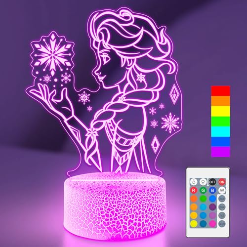 Cute Night Light for Kids 16 Colors Change Princess Decor Lamp with Remote Dim for Girls Bedroom 3D Illusion LED Night Lights Ideal Gifts for Girls Christmas Birthday Party Room Decoration