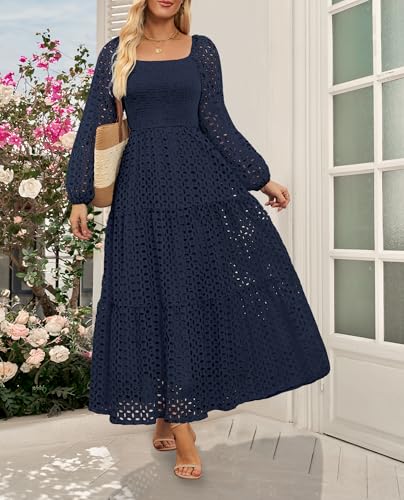 Women's Fall Long Puff Sleeve Maxi Dress Smocked Square Neck Lace Hollow Out Eyelet A Line Boho Flowy Wedding Guest Dresses2