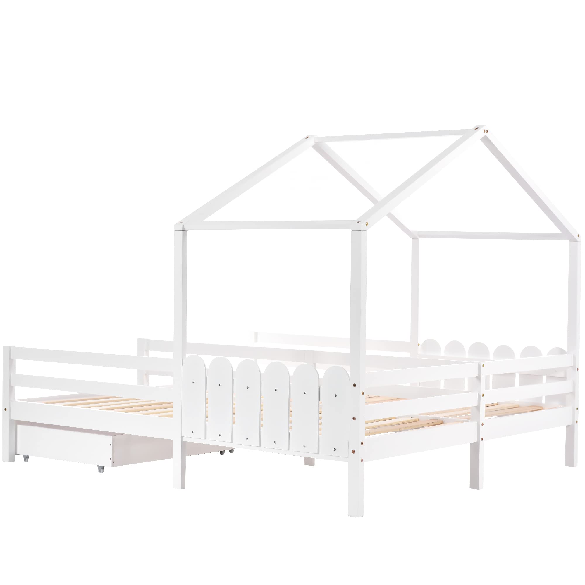 MURUL Cama doble, cama infantil, cuna con 2 cajones de MDF, somier de láminas de pino, cajones con ruedas, color blanco, 90 x 200 cm