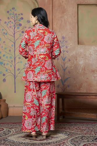 Leriya Fashion Women Ethnic Kurta Set | Rayon Co-Ord Set | Fancy Pajama Set | Pack Of 2 | Floral Printed Top & Pant Set | Full Pair Set | A-Line Kurta Set For Women (Xx-Large, Red) Lf-K-W1862&Tr913