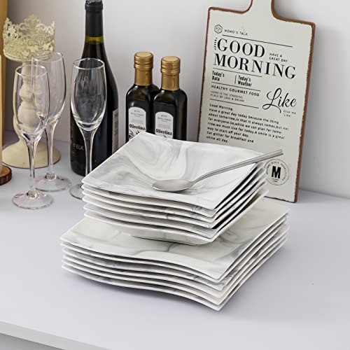 Malacasa Square Plate Set, 12-Piece Marble Plates And Bowls Sets For 6, Porcelain Dish Set With Dinner Plates And Pasta Bowls, Modern Dinnerware Sets, Kitchen Plate Bowl Set, Series Flora #TOP5