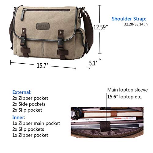 [Upgraded] Vintage Canvas Messenger Bag 13 15.6 17 inches Large Book Laptop Shoulder Bag Women Men New (Beige, X-Large)2
