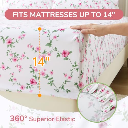 Image of MUXHOMO Full Size 4 Piece Sheet Set, Soft & Breathable Sheet Set for Bedroom with Deep Pocket Up to 16 inch, Wrinkle-Free & Cooling Bed Sheet with Flat Sheet, Fitted Sheet & Pillowcases - Pink Vines