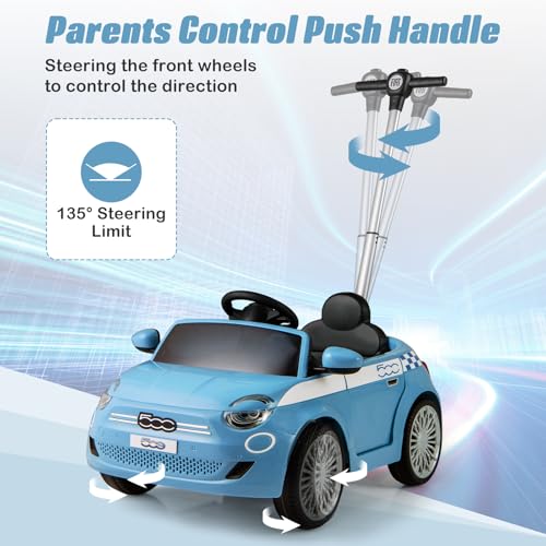 Image of OLAKIDS Push Car for Toddlers, 3 in 1 Licensed Fiat 500e Baby Sliding Walking with Parent Control Handle Adjustable Canopy Footrest, Kids Ride on Toys with Horn for Boys Girls (Blue)