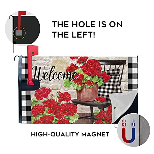 Image of Welcome Spring Geranium Flower Mailbox Cover Magnetic Standard Size 20.5 inch x 18 inch, Red Floral Buffalo Plaid Check Post Letter Box Wrap Decor Summer Farmhouse Garden Yard Outdoor Decoration