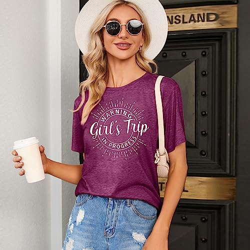 Image of Women's Casual Warning Girls Trip in Progress T-Shirt Casual Crewneck Short Sleeve Graphic Tee