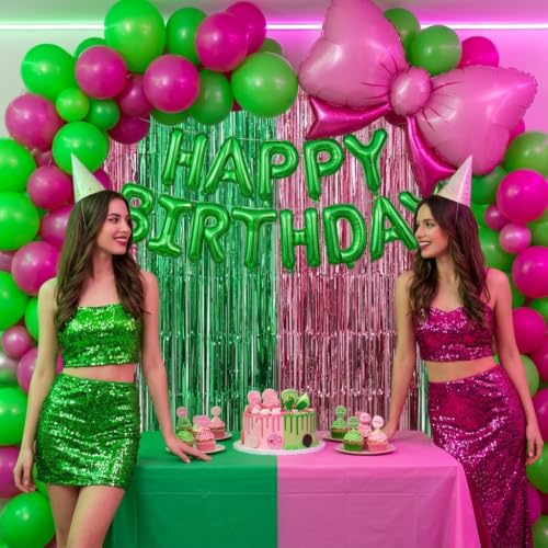 Image of TONIFUL 2Pcs Pink and Green Metallic Tinsel Foil Fringe Curtains Streamers | 3.3ftx6.6ft Photo Booth Backdrop Door Streamer for Birthday Baby Shower Gender Reveal Bridal Shower Spring Summer Party Decor