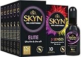 SKYN Elite Kondome 60 Stück, 5 Senses Kondome 10 Stück & All Night Long Gleitgel 80ml / Skynfeel Latexfreie Kondome für Männer, Gefühlsecht Hauchzart, Extra Dünn & Extra Weich, 53mm Breite