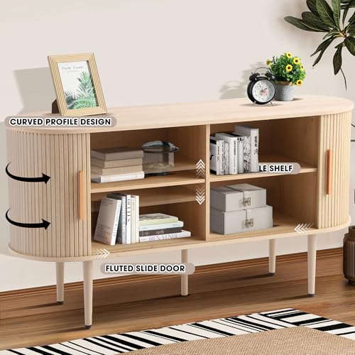 Grepatio 55" Sideboard Buffet Cabinet with Fluted Slide Doors, Tambour Storage Cabinet with Shelves, Modern Credenza Sideboard Buffet Console Cabinets for Living Room Hallway Entryway (Natural)