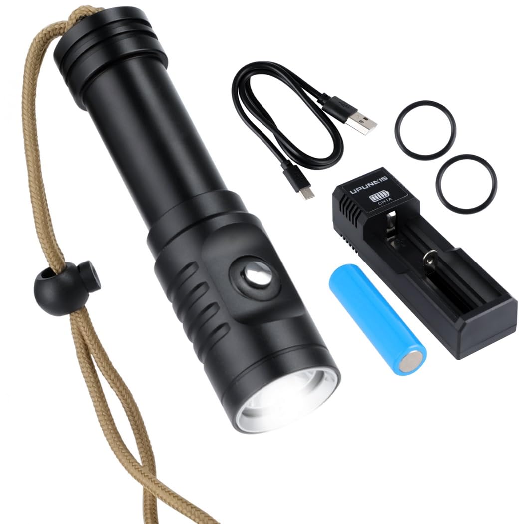 Chewtoyo Portable Flashlight for Diving Camping Hiking, Black, Ap01 1050Lm Diving Flashlight, Ipx8 Waterproof Flashlight, Underwater Flashlight with Power Indicator, Diving Flashlight