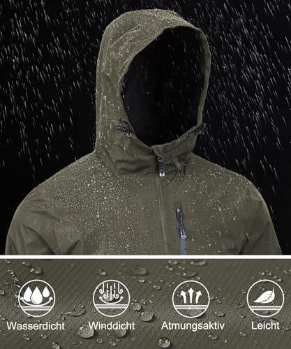 Huayuzh Regenjacke Herren Wasserdicht Leichte Regenmantel Camping Wandern Atmungsaktiv Packbare Softshelljacke mit Kapuze Armee Grün M