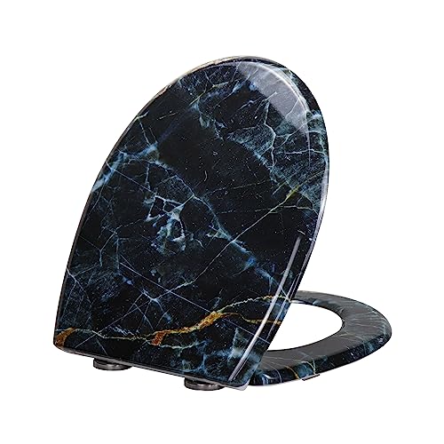 Fanmitrk Duroplast Soft Close Toilet Seat-Black Marble Style Toilet Seat,Quick Release Toilet Lid with Top Fixing,Easy to fit(UF01-04)
