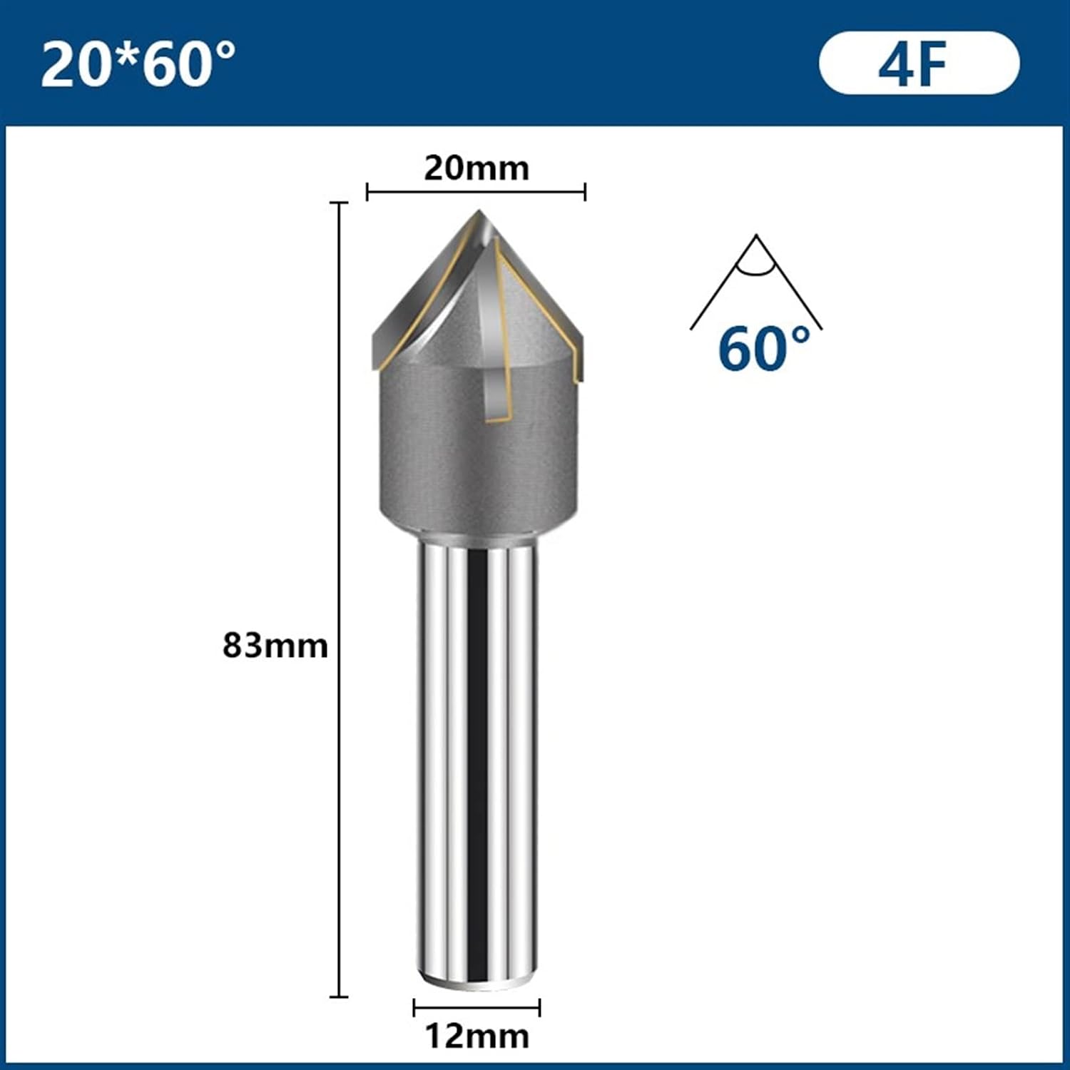 Chamfer with Brazing Carbide 16-40mm 60/90 Degrees Chamfering Metal Tools 1Pcs (Color : 20x60deg x4Fx12mm)