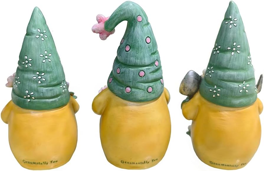 Spring & Summer-Themed Garden Statues – Adorable Outdoor Decor for Lawn, Patio & Porch (Garden Guardians Set of Three 6" Gardening Gnome Figurines, Floral Green and Yellow Statue Decor)