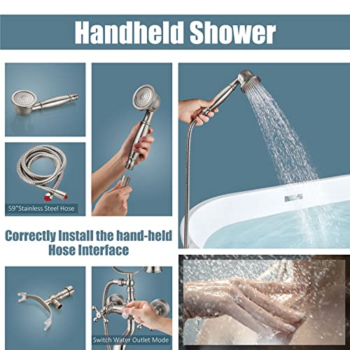 Aolemi Wall Mount Brushed Nikcel Bathtub Faucet With Hand Shower Sprayer Bathroom Tub Faucet Double Cross Handle Telephone Shaped Handheld Sprayer Shower Set Mixer Tap Vintage #TOP3