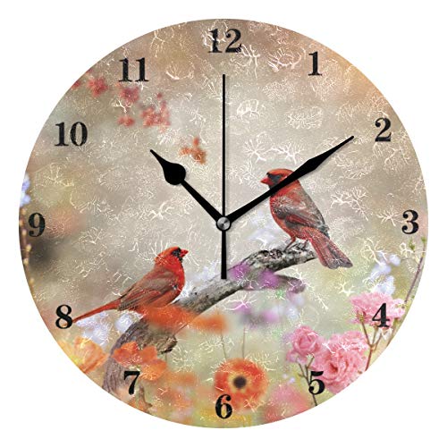 susiyo Silent Round Wall Clock Battery Operated Bird Cardinals Acrylic Creative Decorative Wall Clock for Kids Living Room Bedroom Office Kitchen Home Decor
