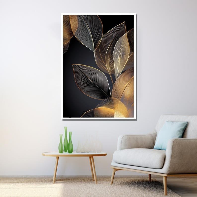 Tableau sur toile feuilles dorées et noires TONGYINLI style nordique abstrait 70x100cm