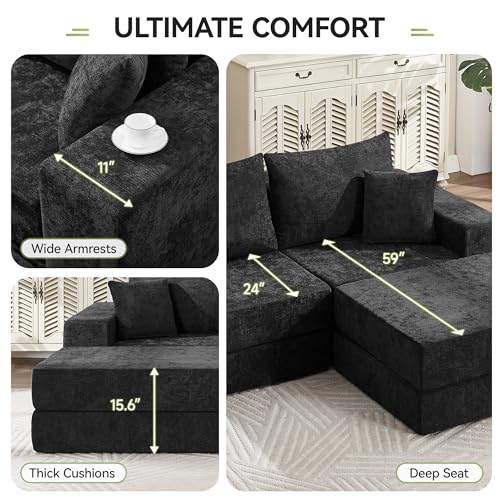 Image of 79 inch Boneless Loveseat Sofa Couch, Modular Foldable Floor Cloud Sofa with Ottoman, Lounge Convertible Sofa Bed for Living Room, No Assembly, Chenille Black