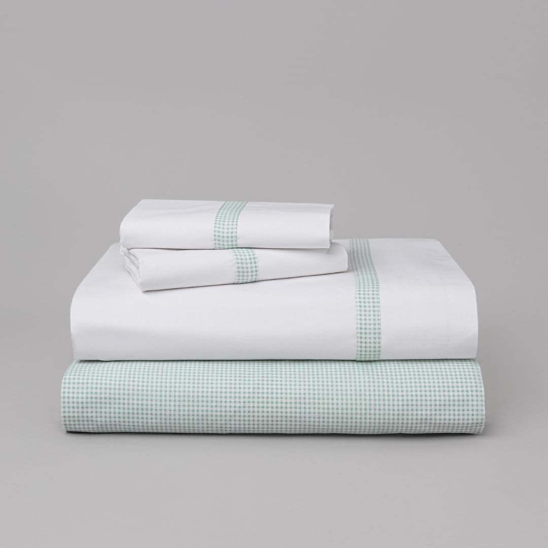Juego de Sábanas en Verde y Blanco con Detalles en Patrón Vichy 420-200 Hilos de Algodón Percal - Sábanas para Cama 150/160 cm - con 2 Fundas de Almohada de 50x80 cm