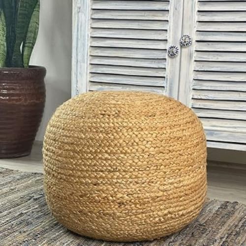 OMAJA HOME Jute Ottoman Pouf for Seating | Jute Ottoman for Footrest Filled with Bean Balls | Ottoman Pouf Stools for Living Roombedroom, 50X50X25 Cm Beige (Desgin_08)