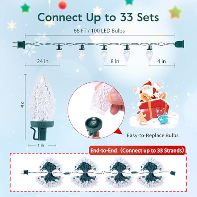 C9 Christmas String Lights White, 66ft 100 LED Faceted Christmas Lights on Green Wire, Large Bulb Strawberry String Lights for House Roof Roofline Christmas Tree Party Outdoor