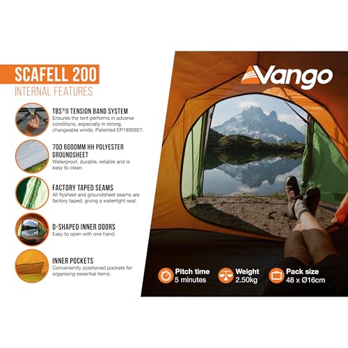 Vango Scafell 200 Tent Hiking Backpacking Wild Camping | Dofe Recommended Kit | Waterproof, Easy Setup, Lightweight, Compact | Alloy Poles & 3000Mm Hh Material (2 Person) - 6