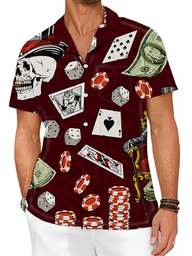 LuckLemocor Mens Poker Shirt Hawaiian Gambling Shirts with Pocket Skull L