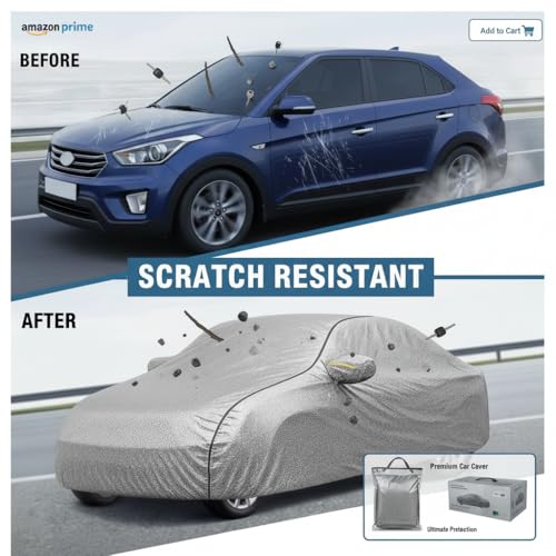 Image of Car Cover for Maruti Celerio All Model & Years (2014-2024) 100% Waterproof with Mirror Pockets, Triple Stitched Bottom Elastic Dustproof Full Body Protection Heat & UV Resistant-Silver